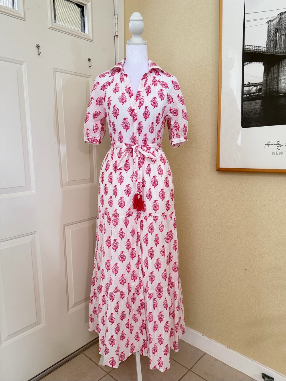 NWOT Roller Rabbit Pink Bouquet Short Sleeve Tiered Button Down Maxi Dress XS